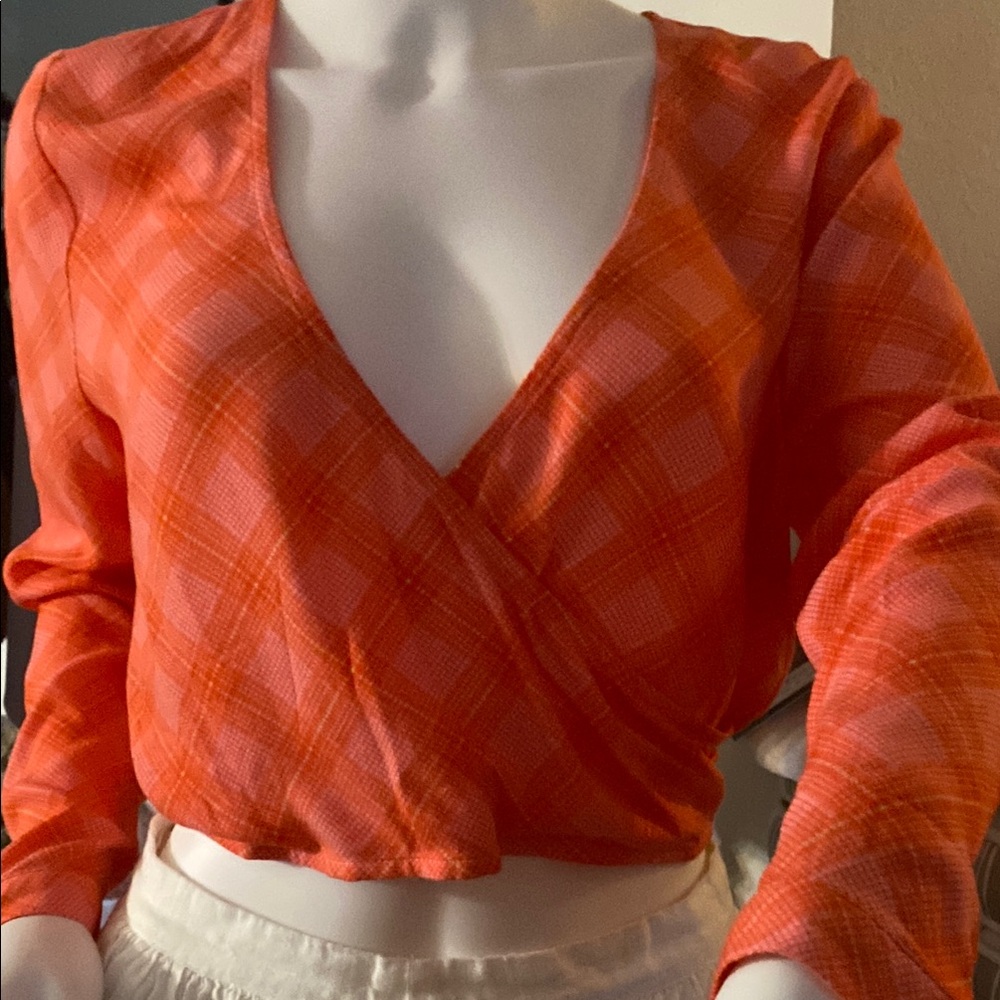 Nordstrom BP Vibrant Plaid Orange & White Wrap Faux Crop Long Sleeve Blouse NWOT